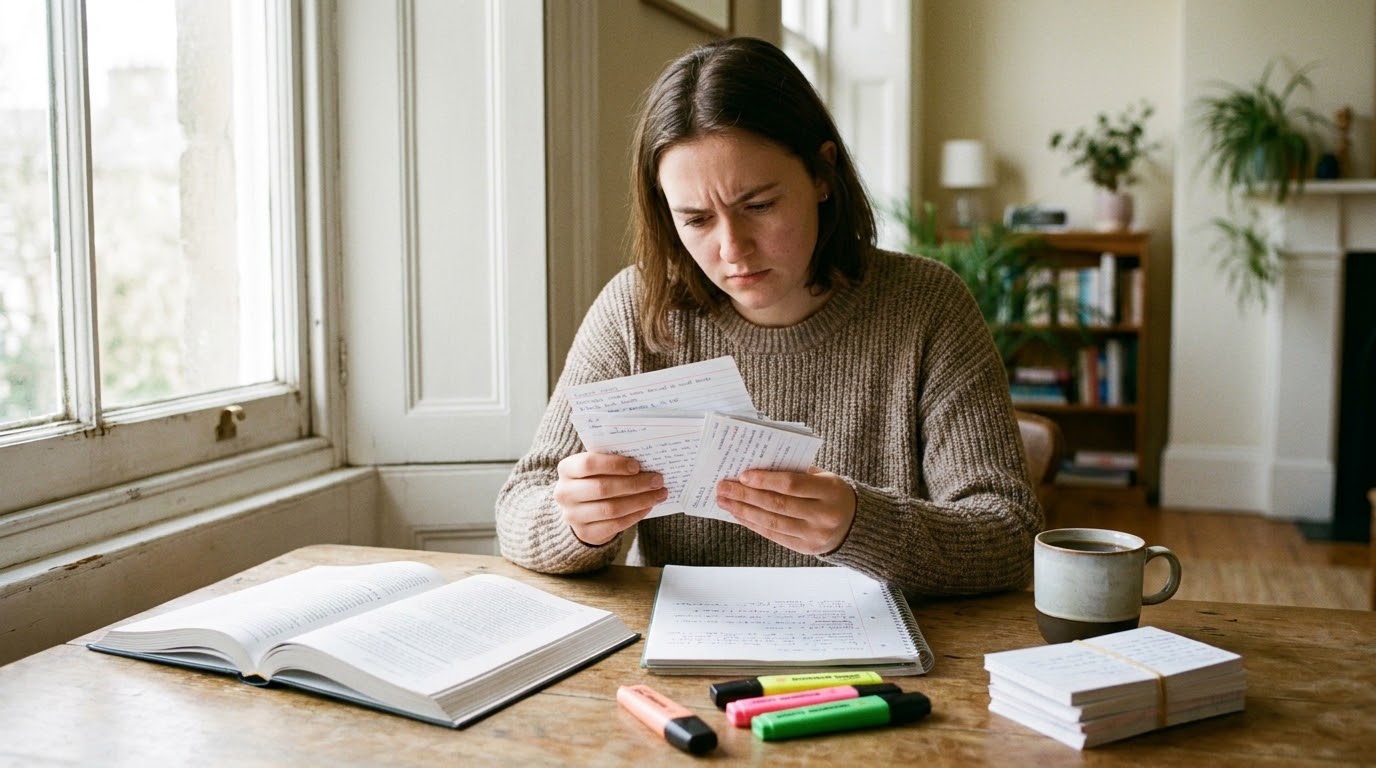 Gros plan sur les mains d'un étudiant triant des flashcards dans des boîtes de révision sur une table de bibliothèque.