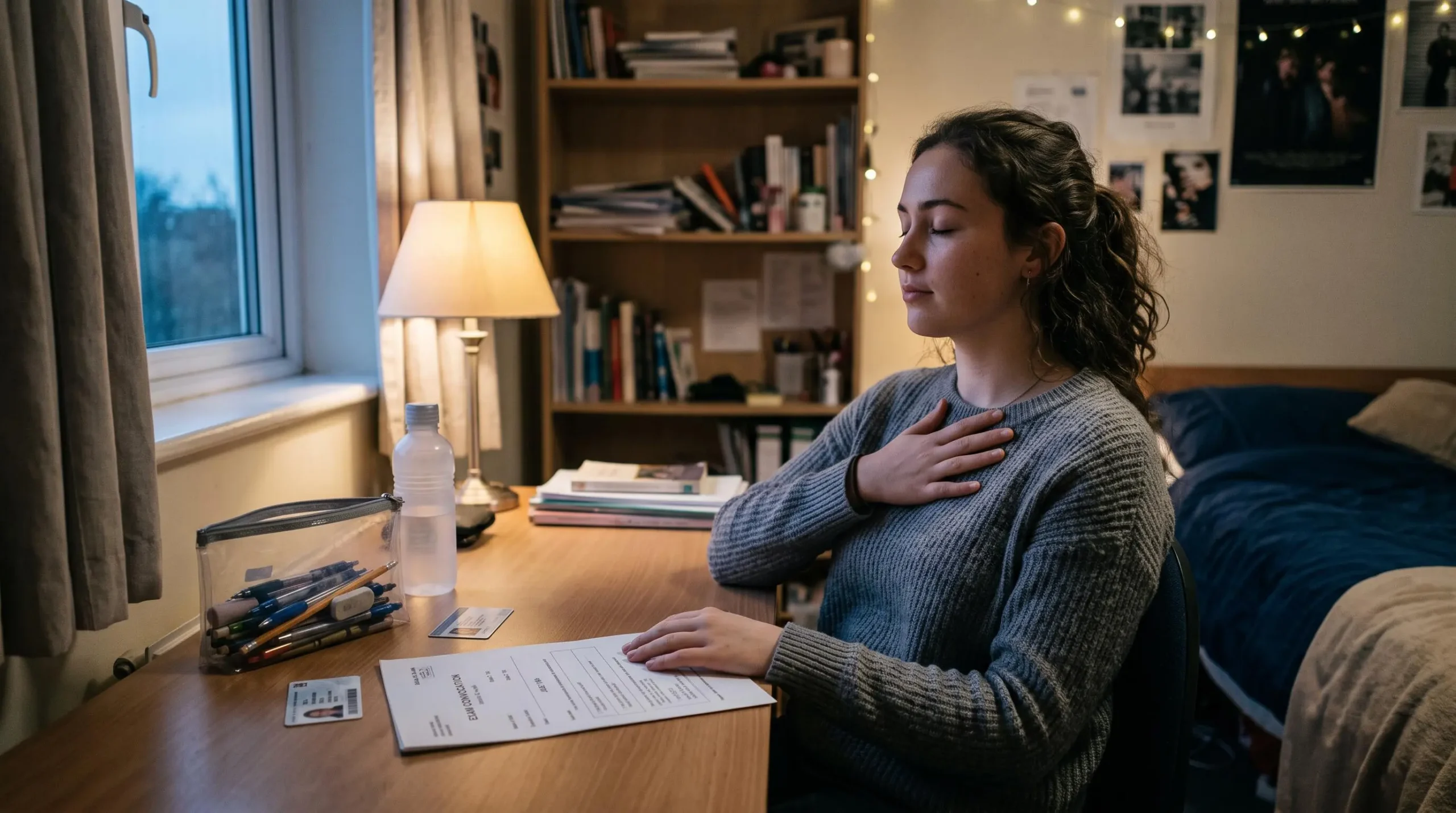Une étudiante les yeux fermés pratique un exercice de respiration à son bureau, son trousseau d'examen et sa convocation posés à côté.