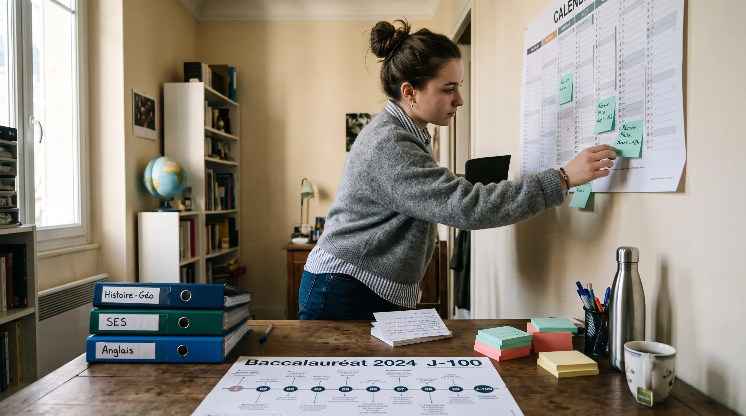 Une lycéenne organise un rétroplanning de révisions avec un calendrier mural, des notes colorées et des classeurs dans une pièce d'étude lumineuse.